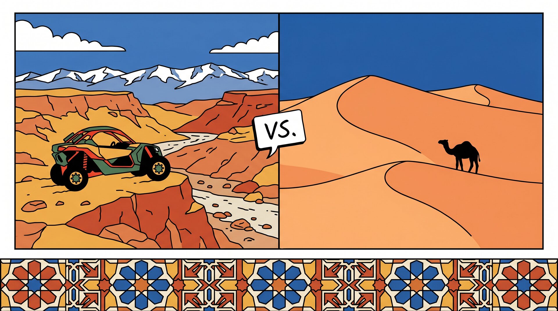 Désert d'Agafay rocheux avec l'Atlas enneigé à l'horizon, près de Marrakech
