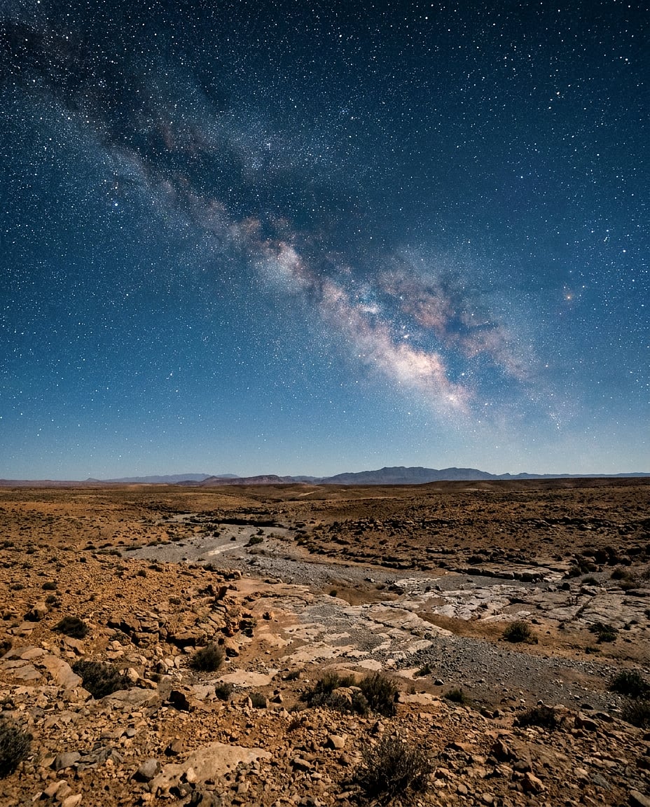 Ciel étoilé et Voie lactée au-dessus du désert de pierre, silhouette de l'Atlas à l'horizon